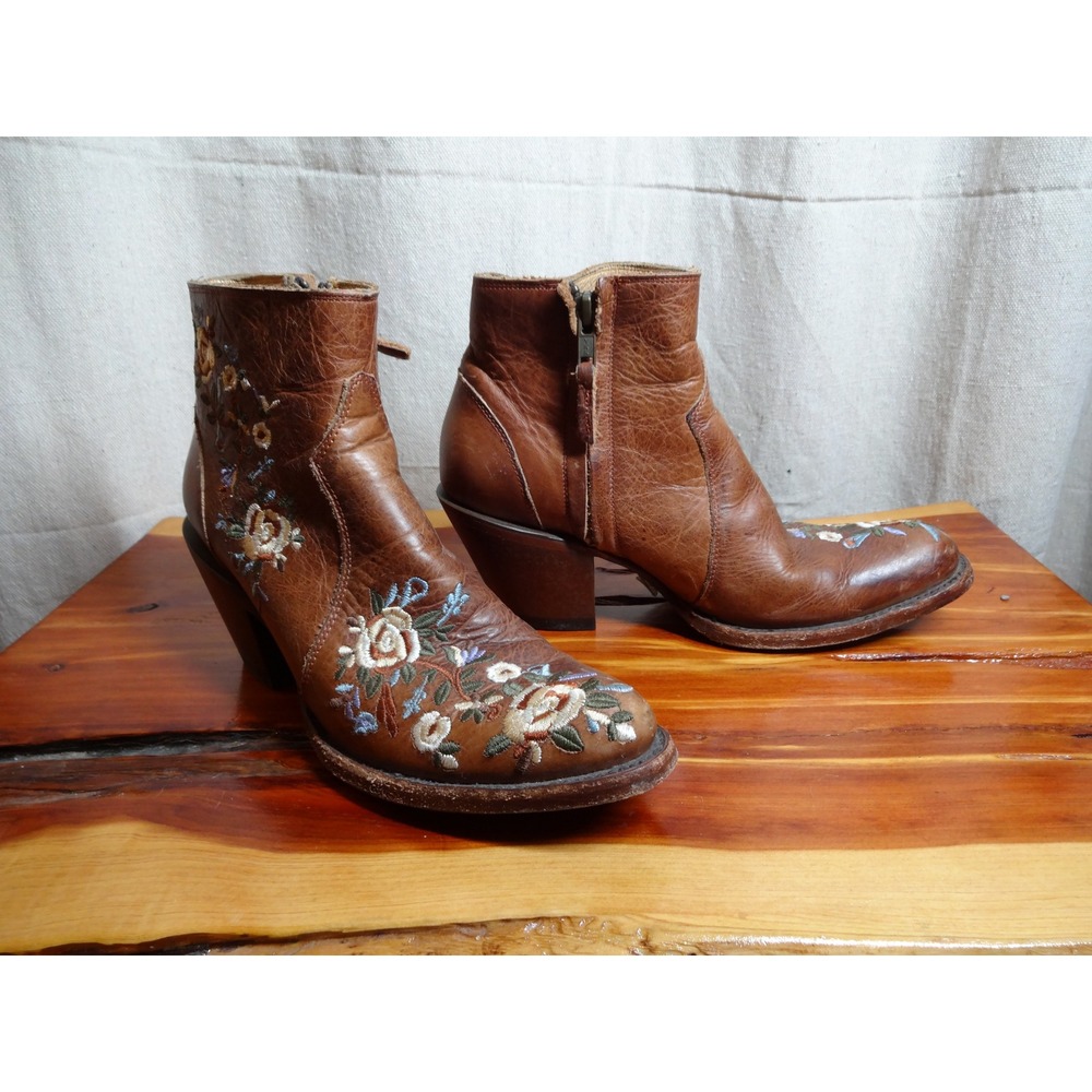 Shyanne Floral Tille Embroidered Western Ankle Boots Womens 7 Brown Leather Boho